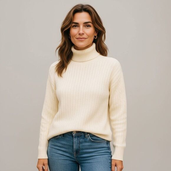 Backyard Roses Sweaters - Cream Turtleneck Sweater Ribbed Knit Long Sleeve Pullover S, M, L, XL